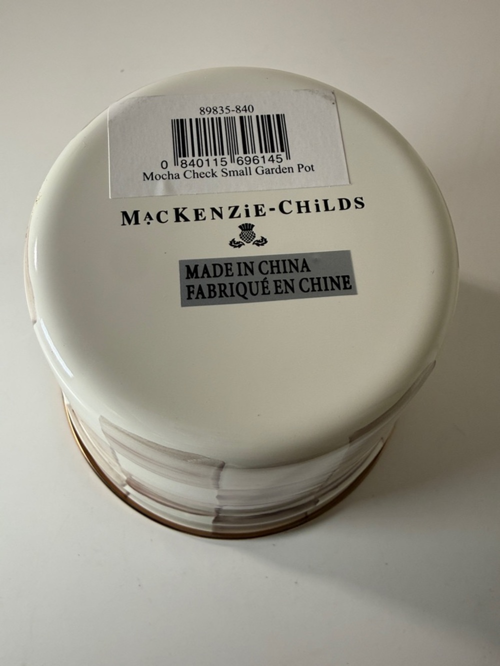 Mackenzie-Childs Mocha Check Small Garden Pot in Cream and Taupe with Gold Rim - Picture 3 of 5